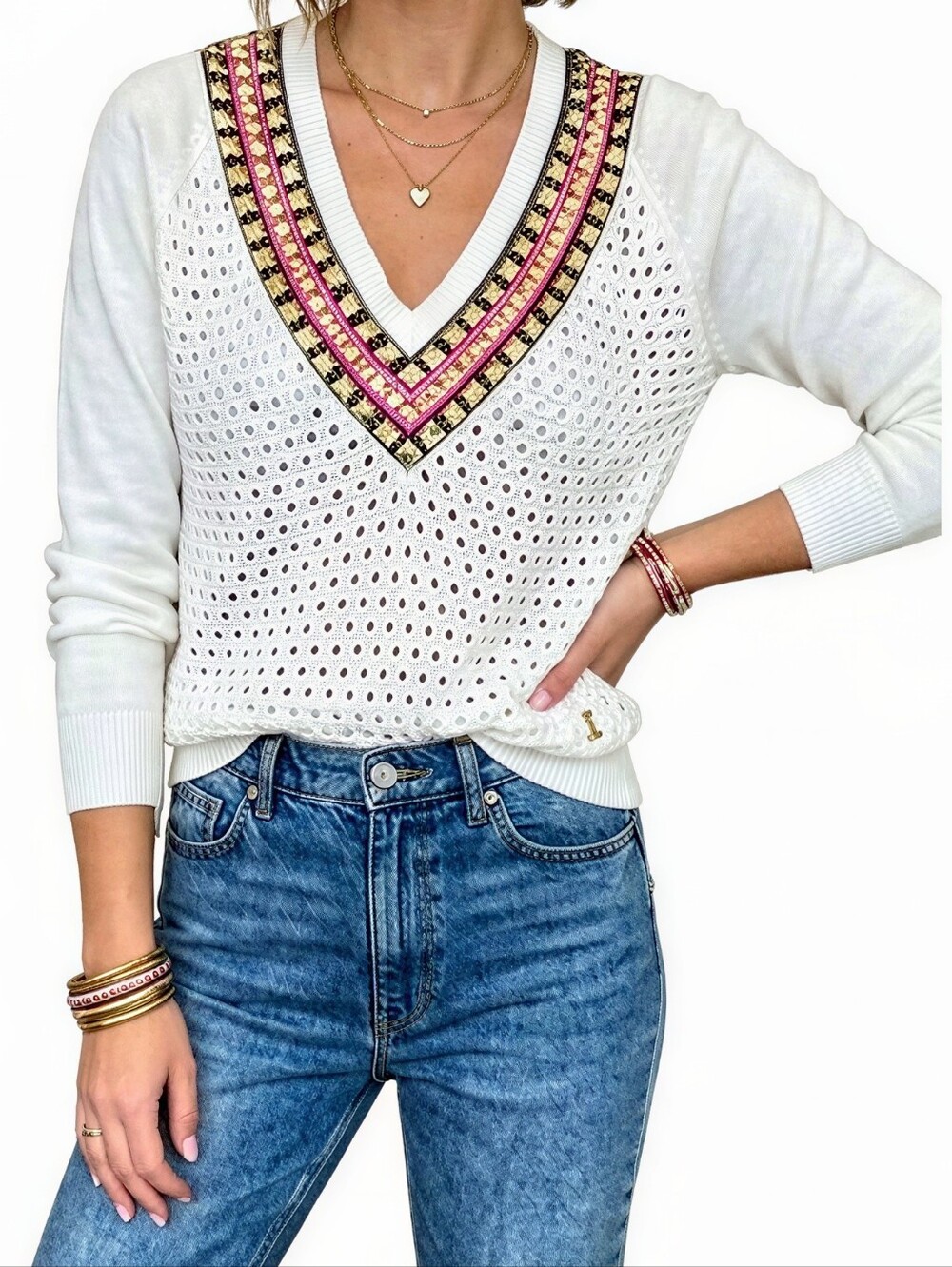 JUICY COUTURE White Crochet Knit Varsity Tennis Cricket Sweater Rhinestone S
